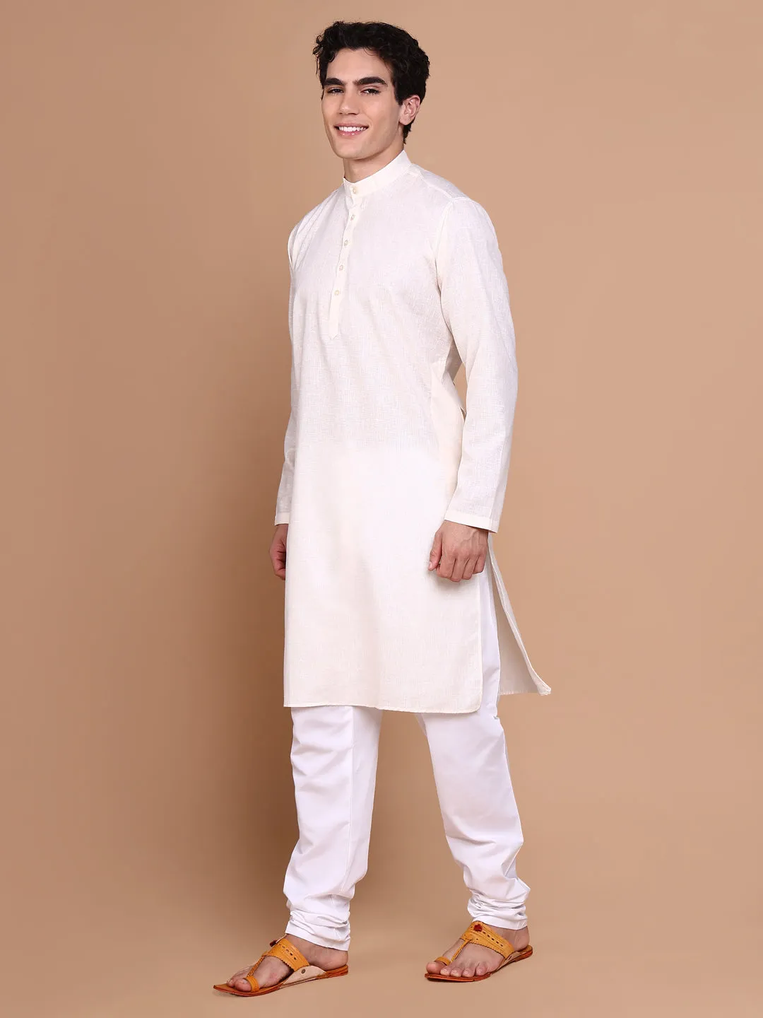 Men Cream Solid Kurta Set