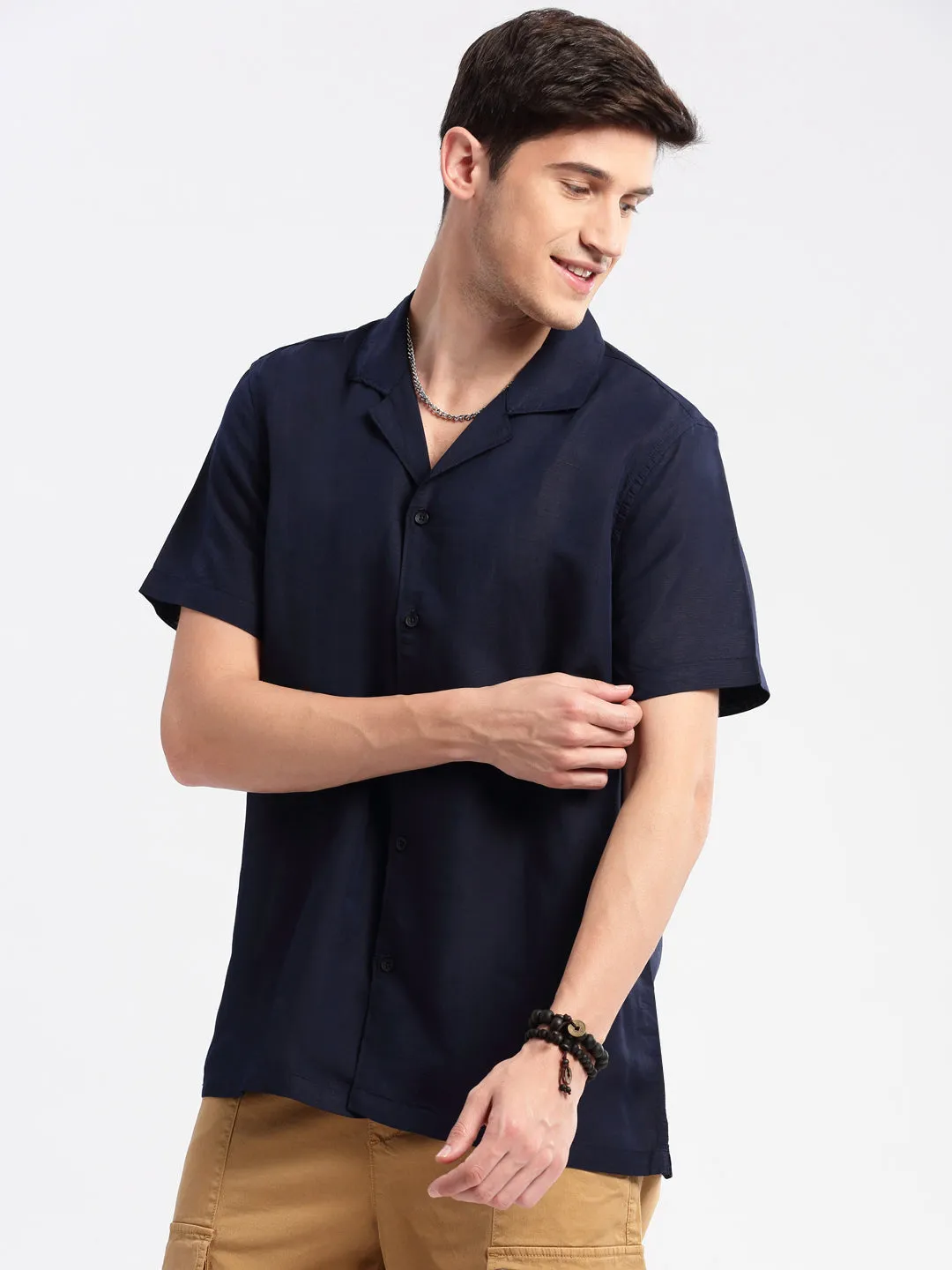 Men Cuban Collar Solid Navy Blue Casual Shirt