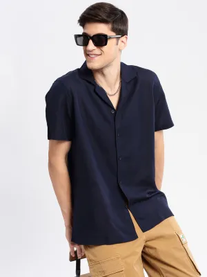 Men Cuban Collar Solid Navy Blue Casual Shirt