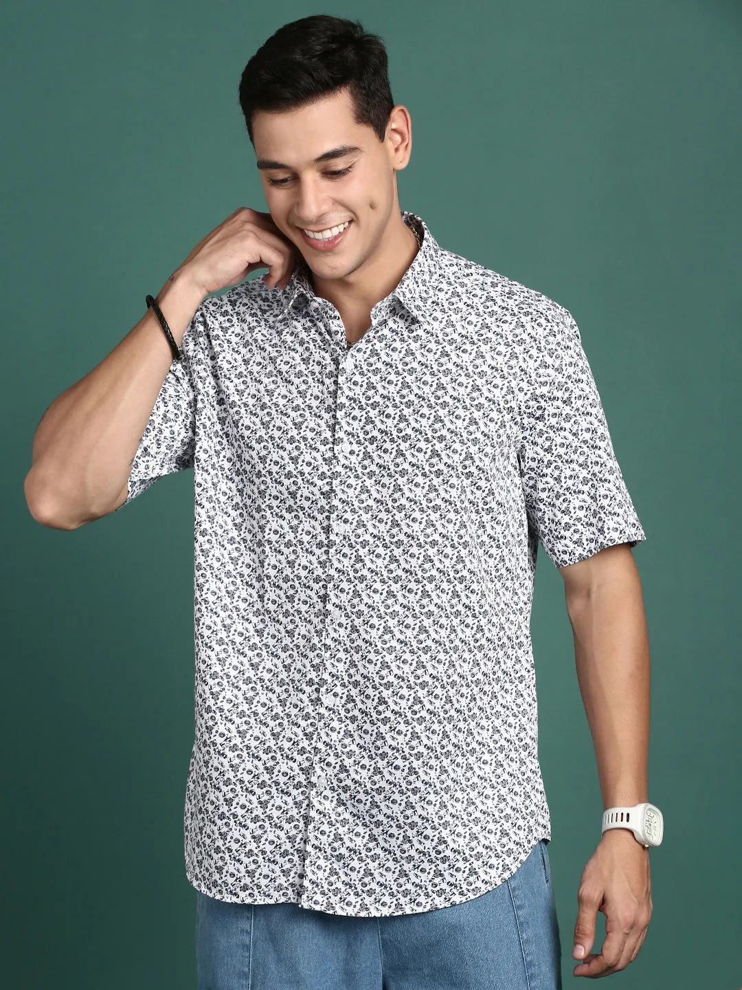 Men Floral White Slim Fit Shirt