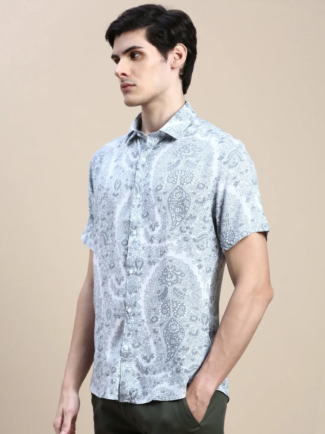 Men Grey Floral Casual Shirt