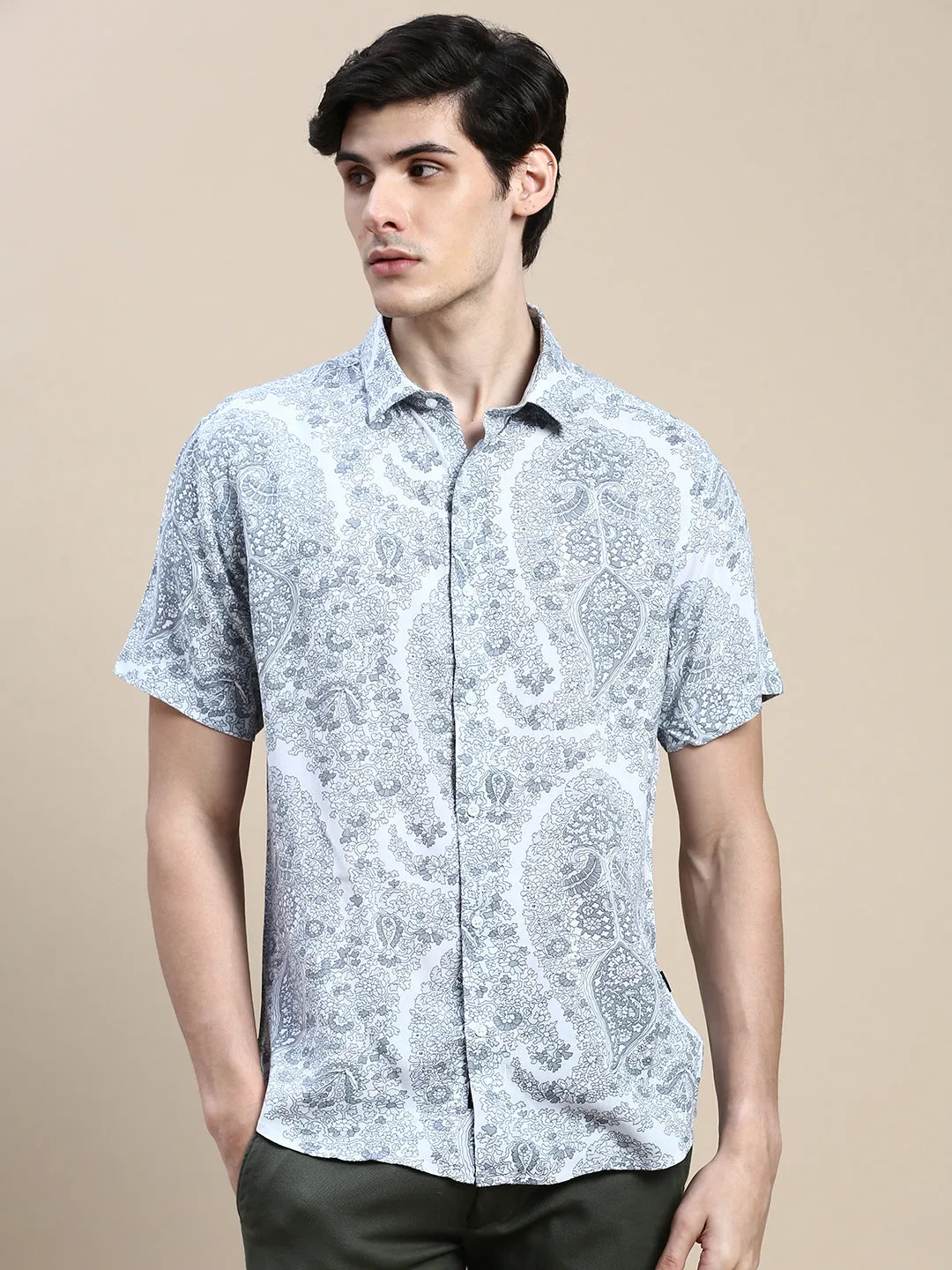 Men Grey Floral Casual Shirt