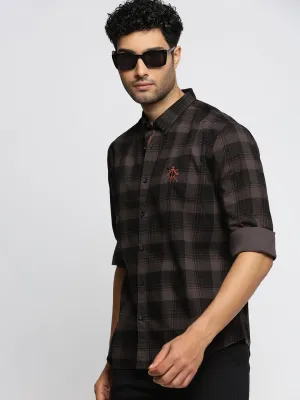 Men Grey Spread Collar Tartan Checks Shirt