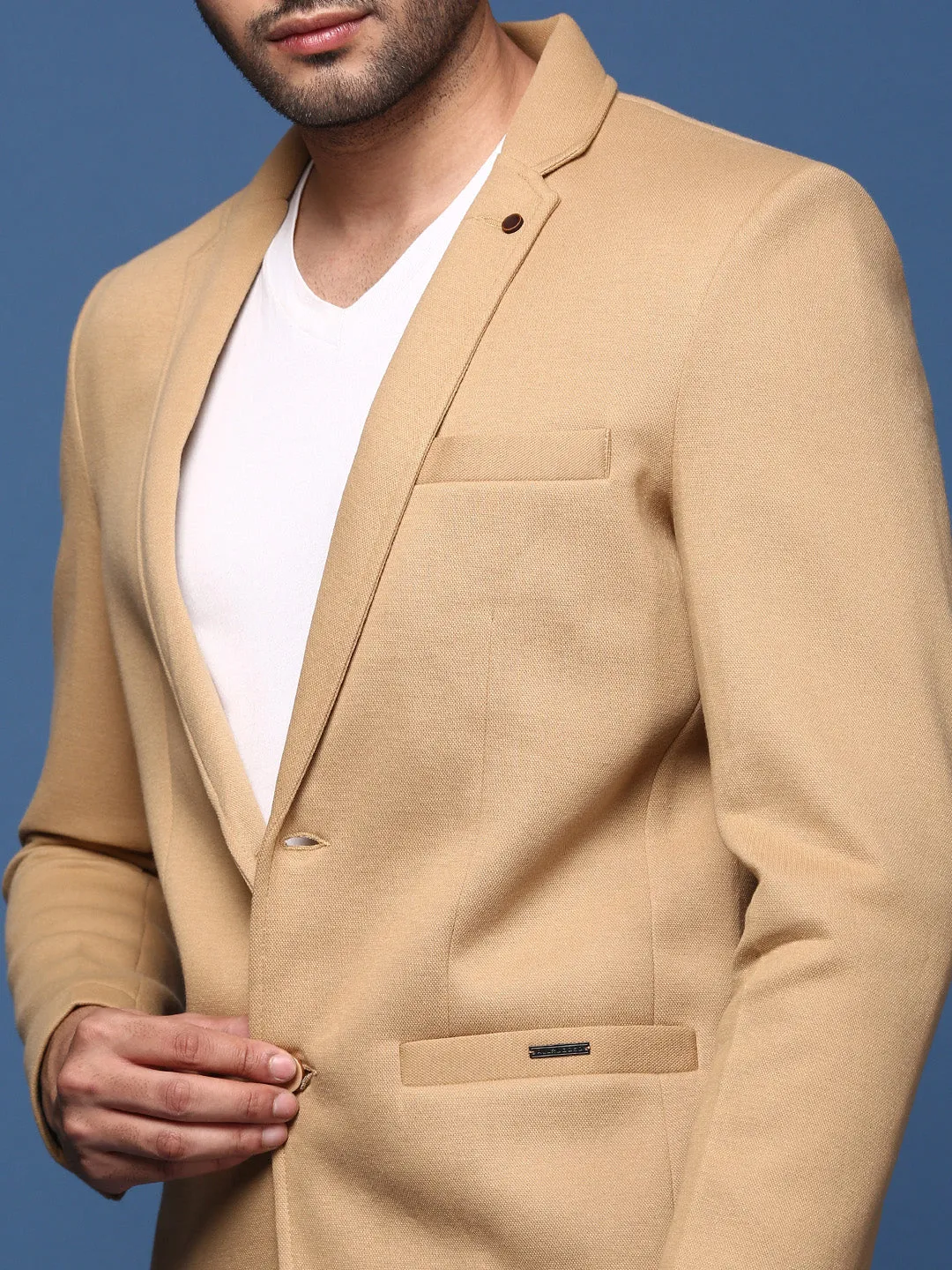 Men Khaki Slim Fit Single Breasted Blazer