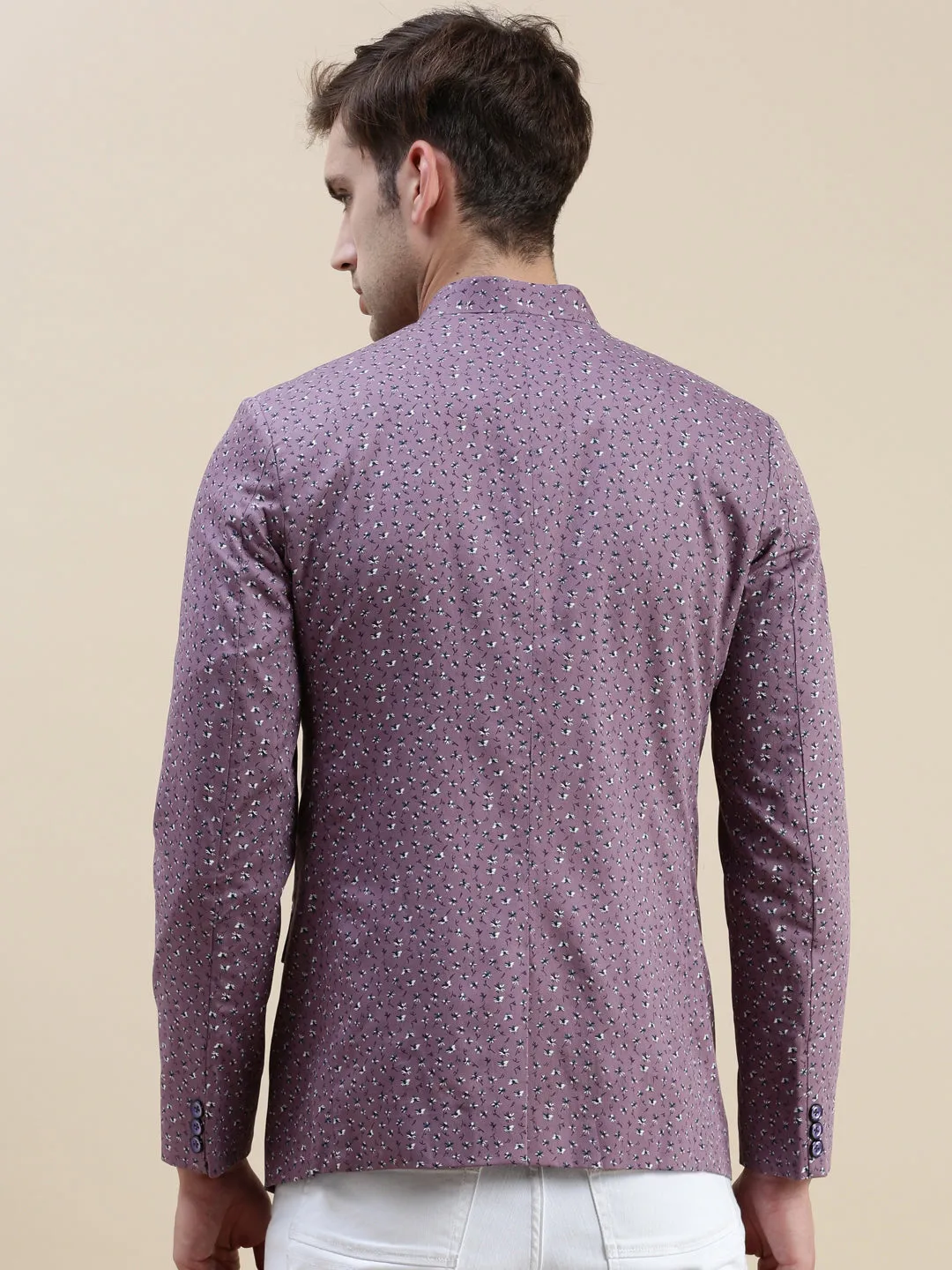 Men Lavender Printed Mandarin Collar Blazer