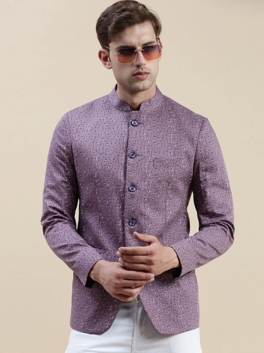 Men Lavender Printed Mandarin Collar Blazer