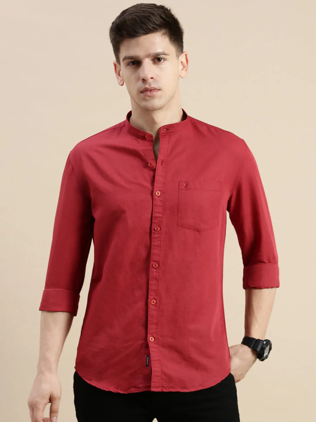 Men Mandarin Collar Solid Maroon Shirt