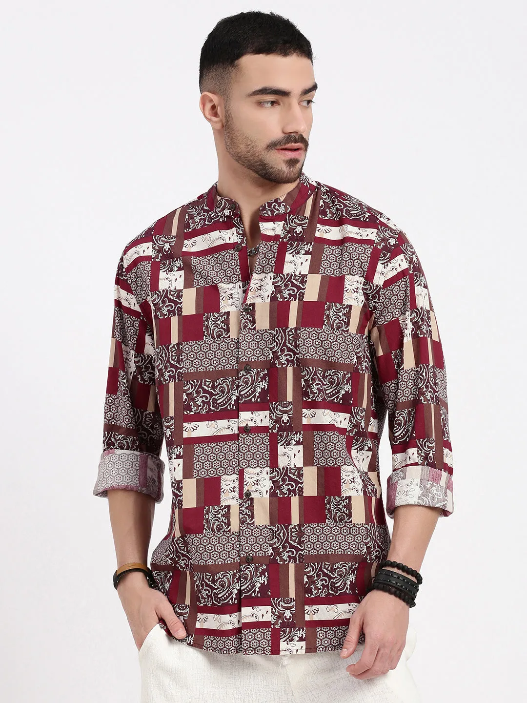 Men Maroon Printed Slim Fit Shirt