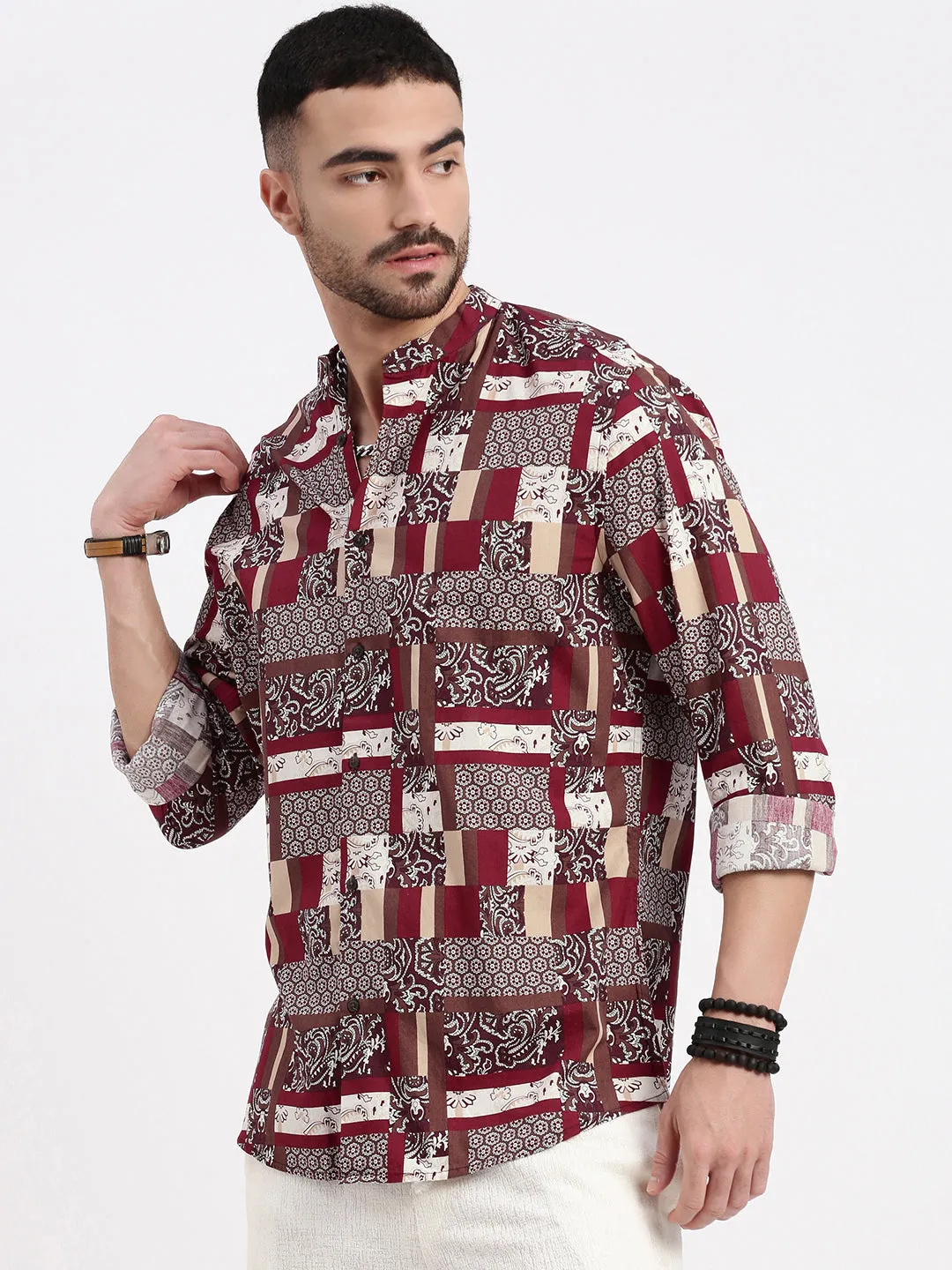 Men Maroon Printed Slim Fit Shirt