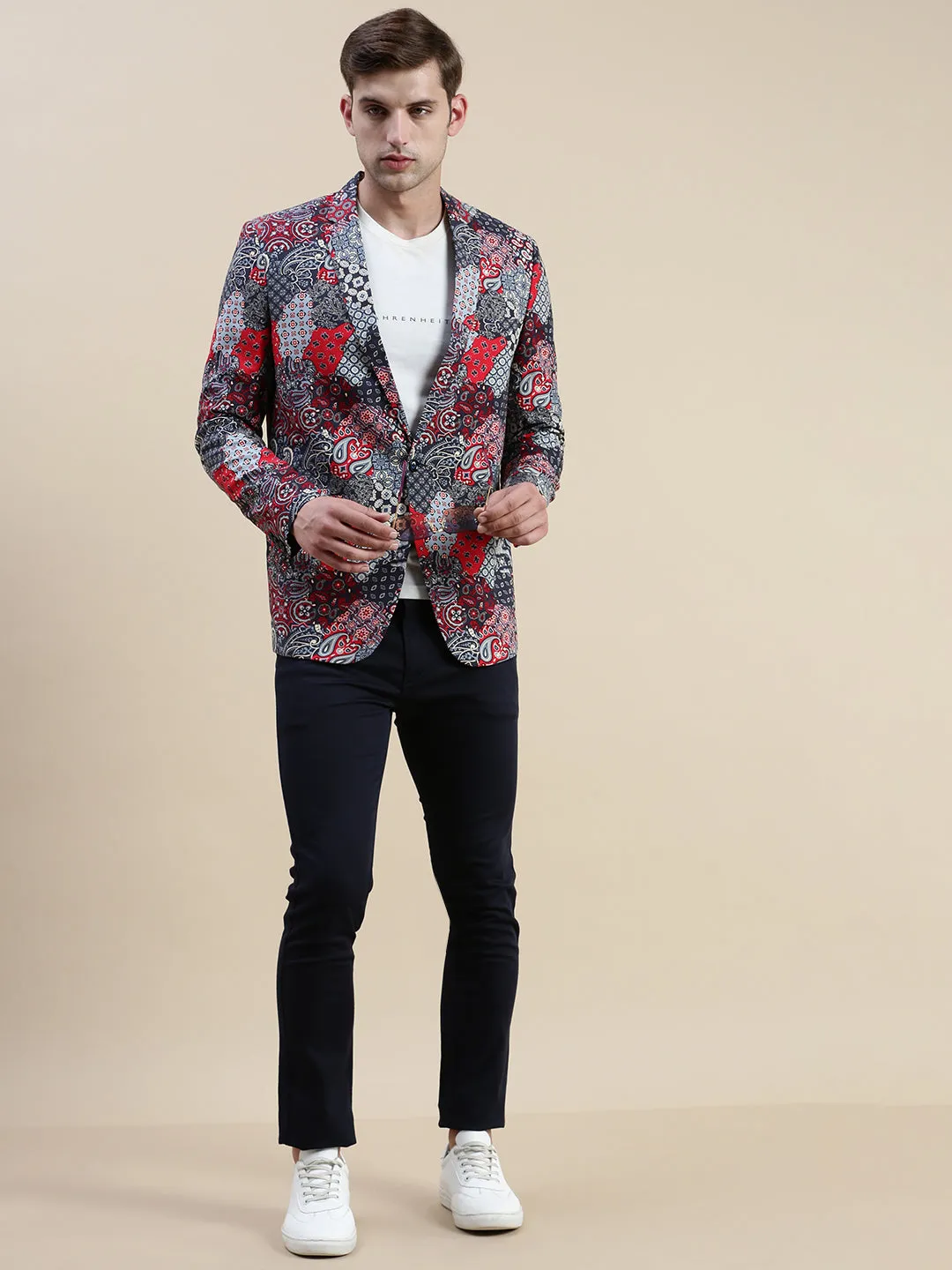 Men Multi Printed Mandarin Collar Blazer