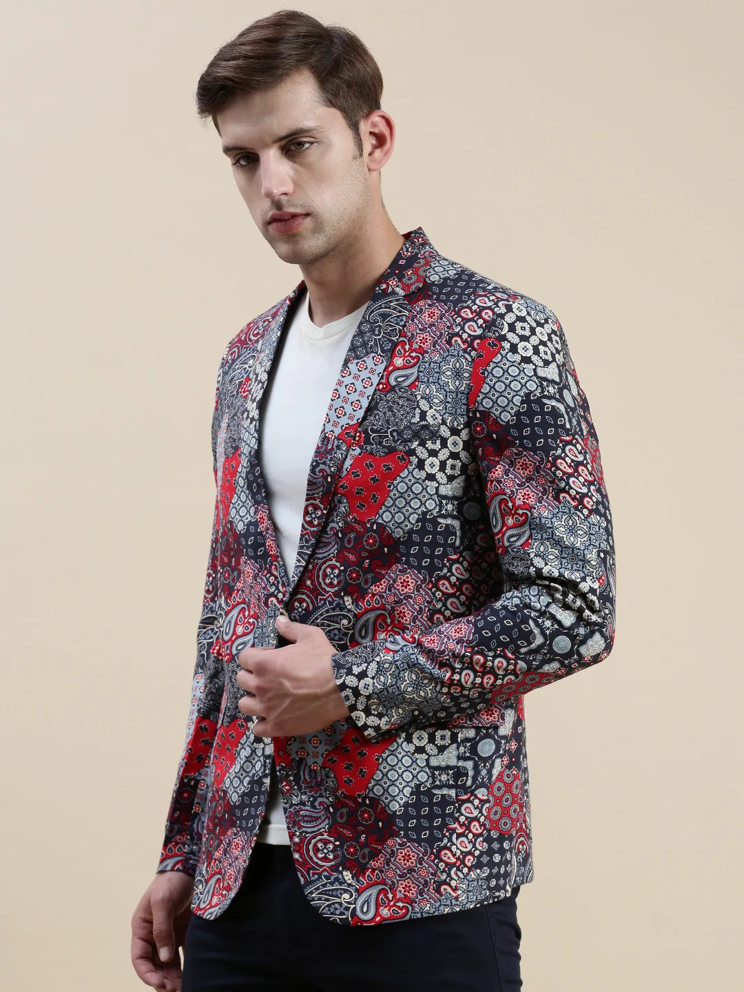 Men Multi Printed Mandarin Collar Blazer