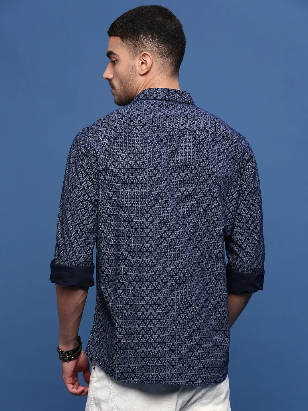 Men Navy Blue Geometric Slim Fit Shirt