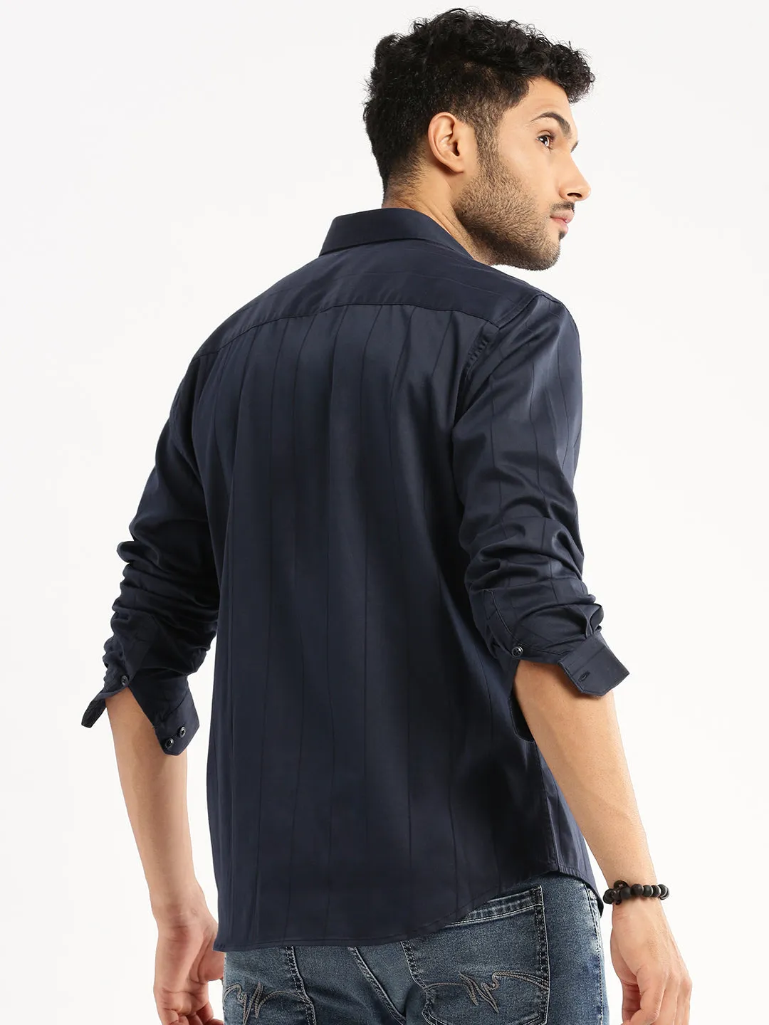 Men Navy Blue Spread Collar Vertical Stripes Shirt