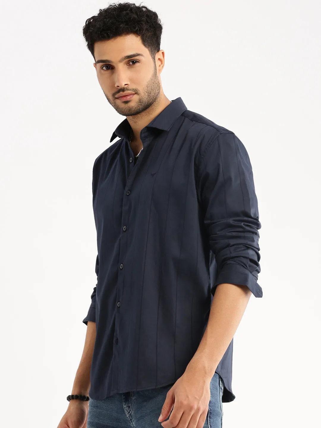 Men Navy Blue Spread Collar Vertical Stripes Shirt