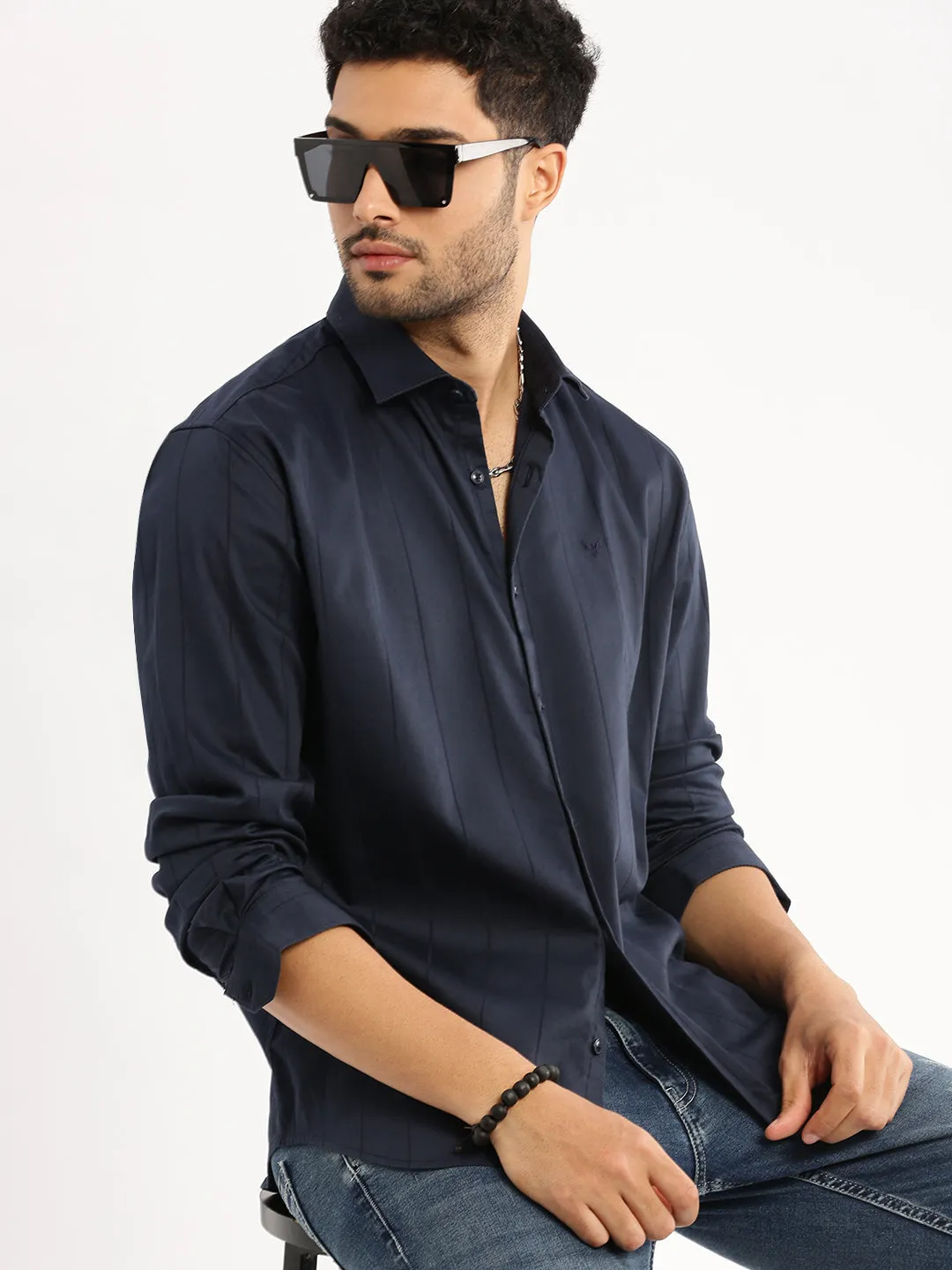 Men Navy Blue Spread Collar Vertical Stripes Shirt