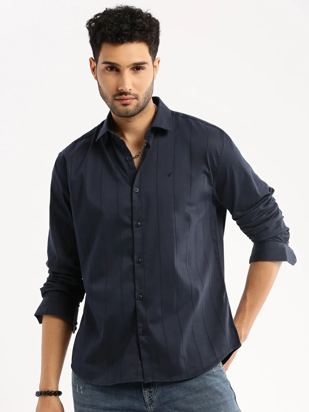 Men Navy Blue Spread Collar Vertical Stripes Shirt