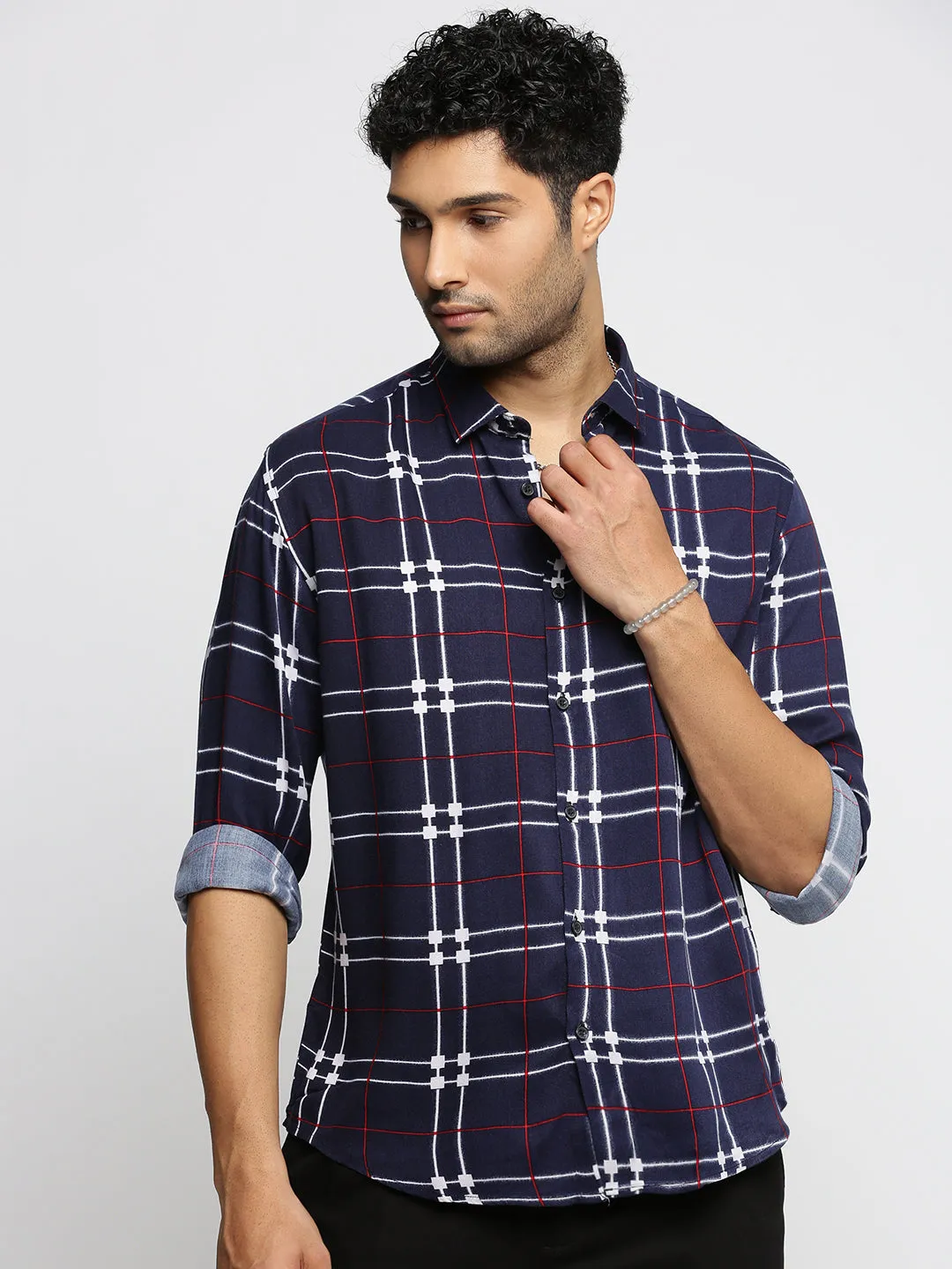 Men Navy Blue Spread Collar Windowpane Checks Shirt