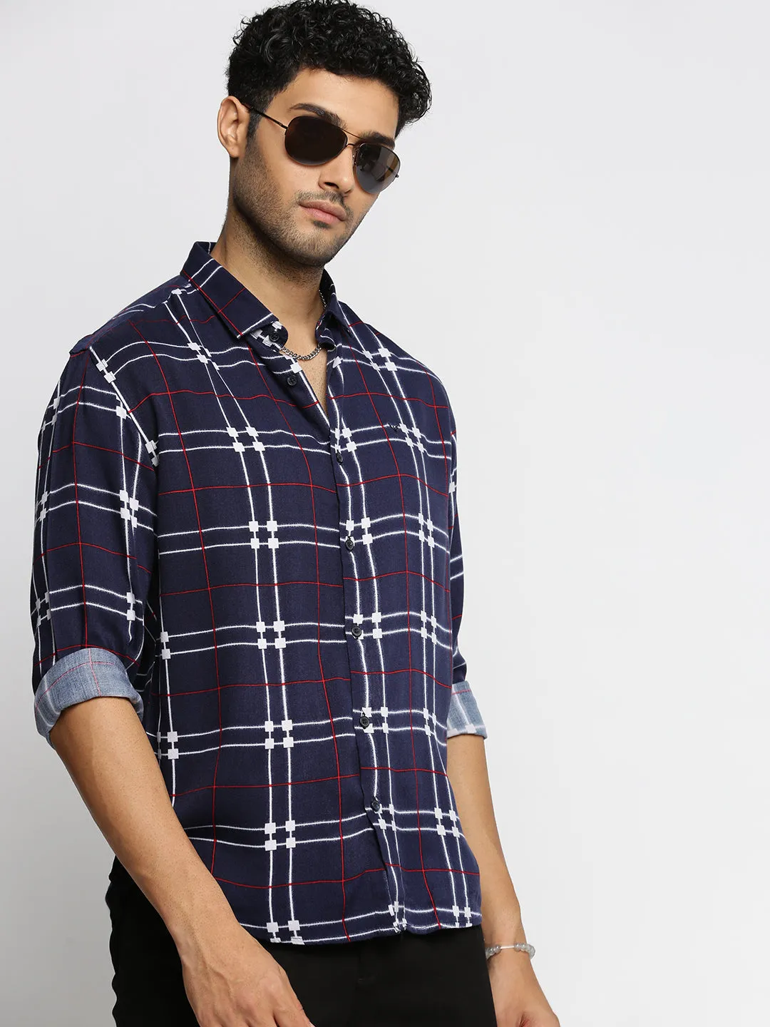 Men Navy Blue Spread Collar Windowpane Checks Shirt