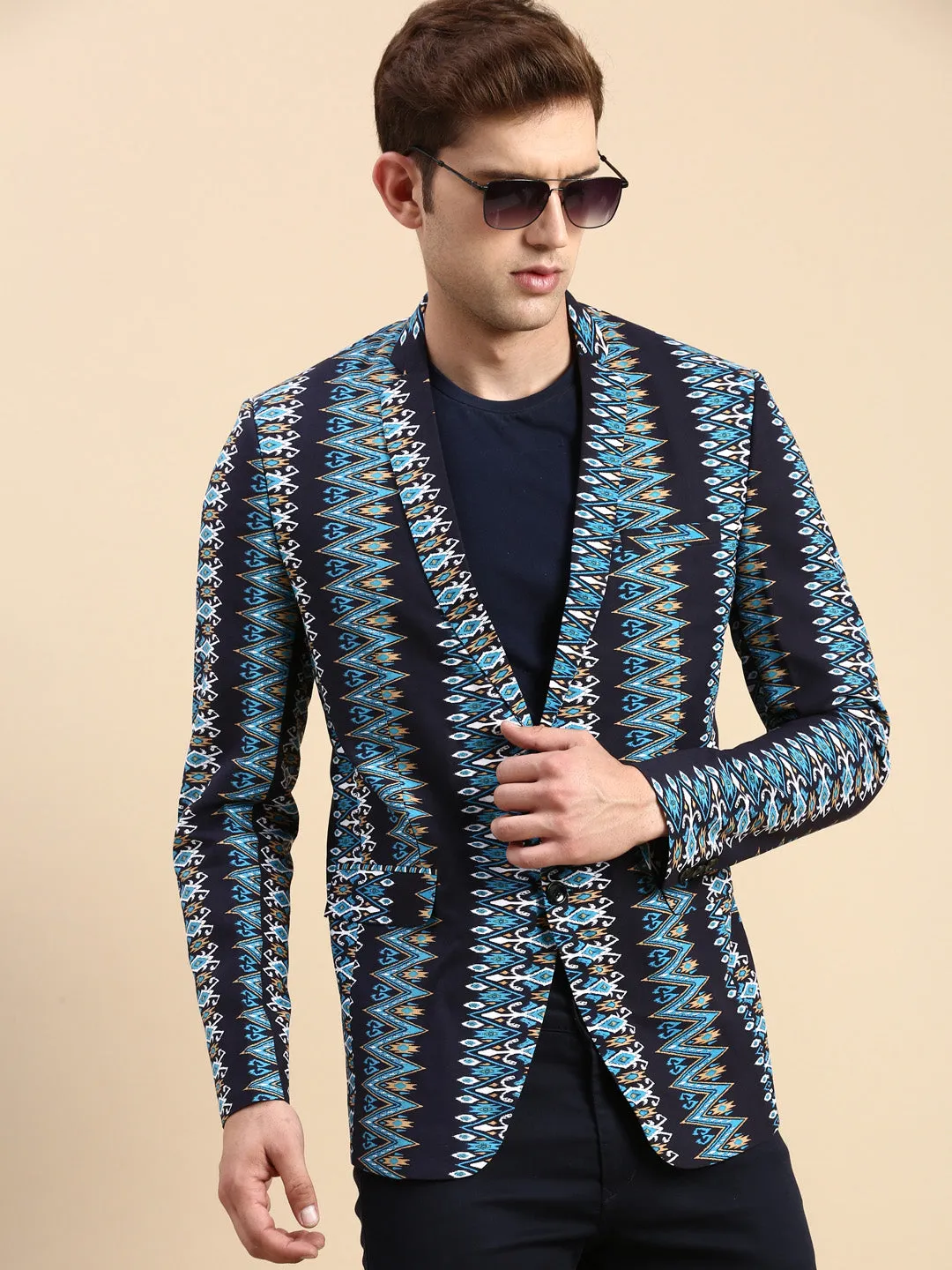 Men Navy Printed Casual Blazer