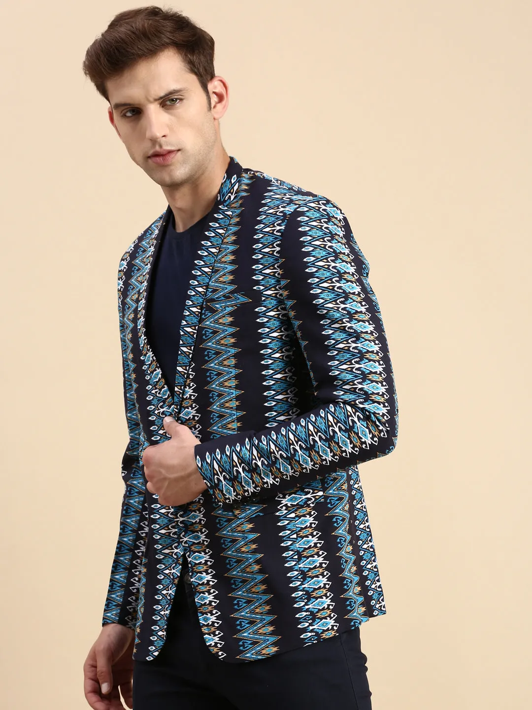 Men Navy Printed Casual Blazer