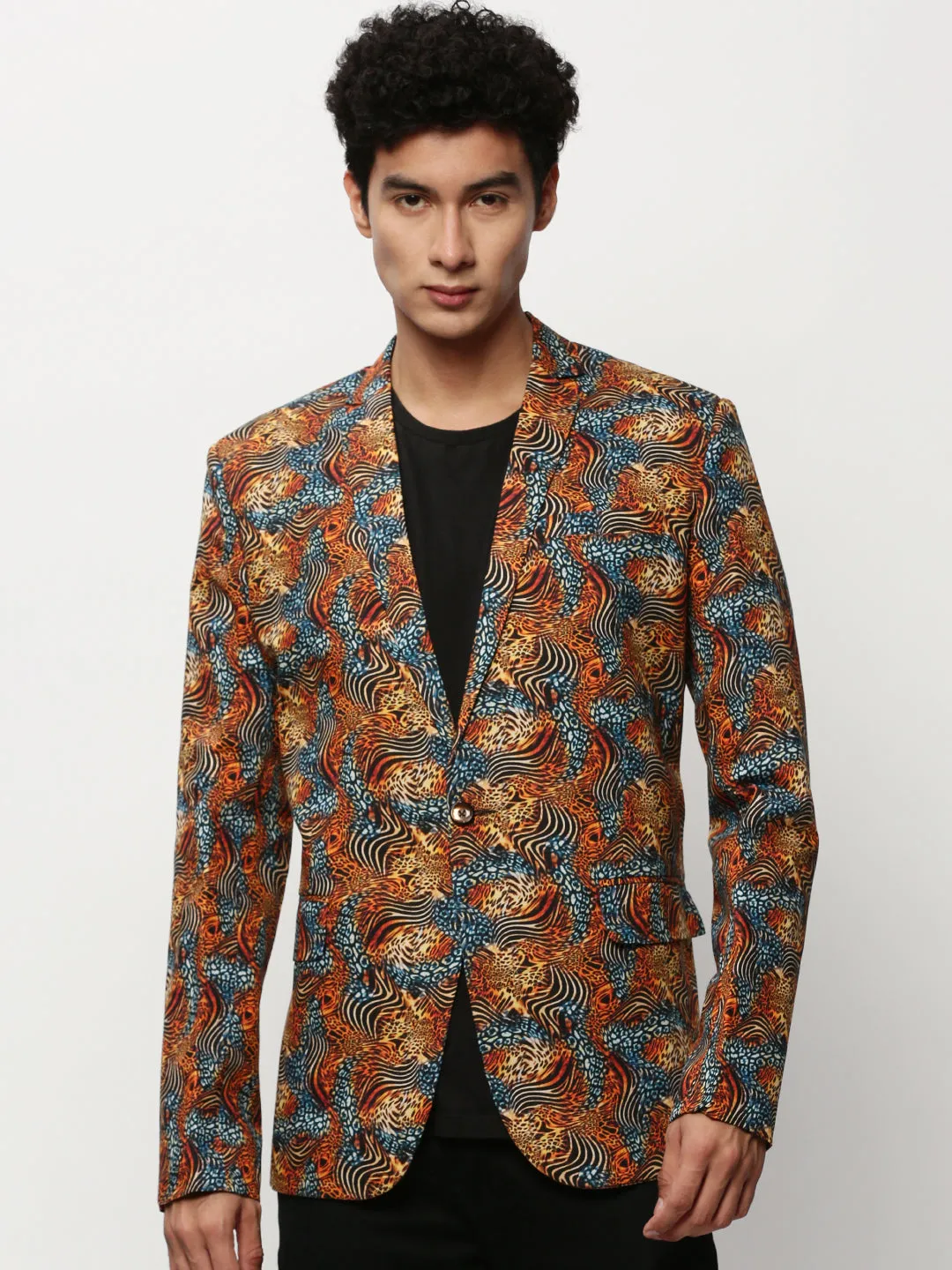 Men Orange Printed Casual Blazers