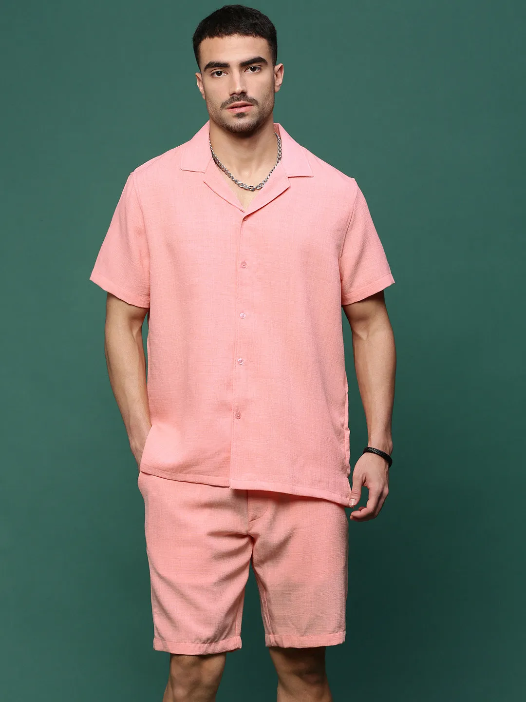 Men Peach Cuban Collar Solid Co Ords Set