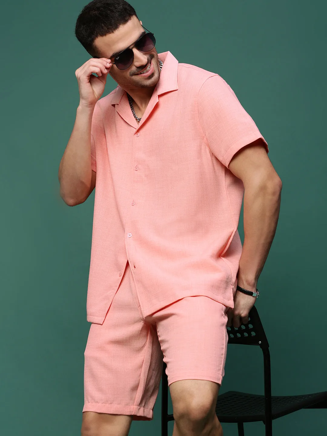 Men Peach Cuban Collar Solid Co Ords Set