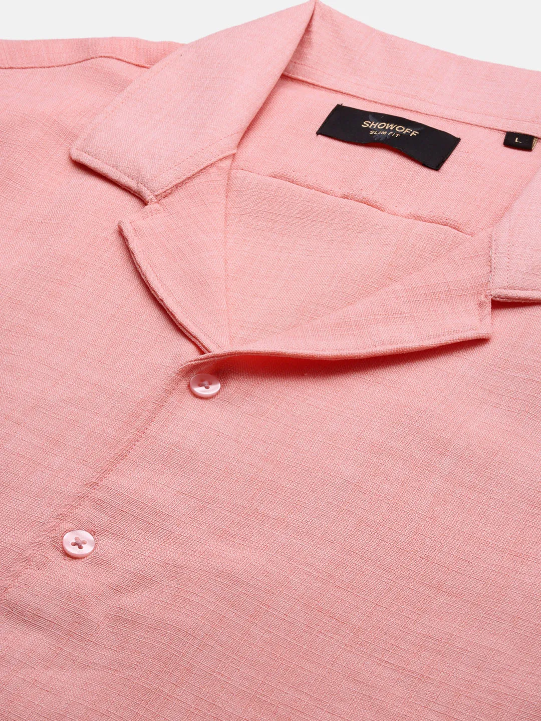 Men Peach Cuban Collar Solid Co Ords Set