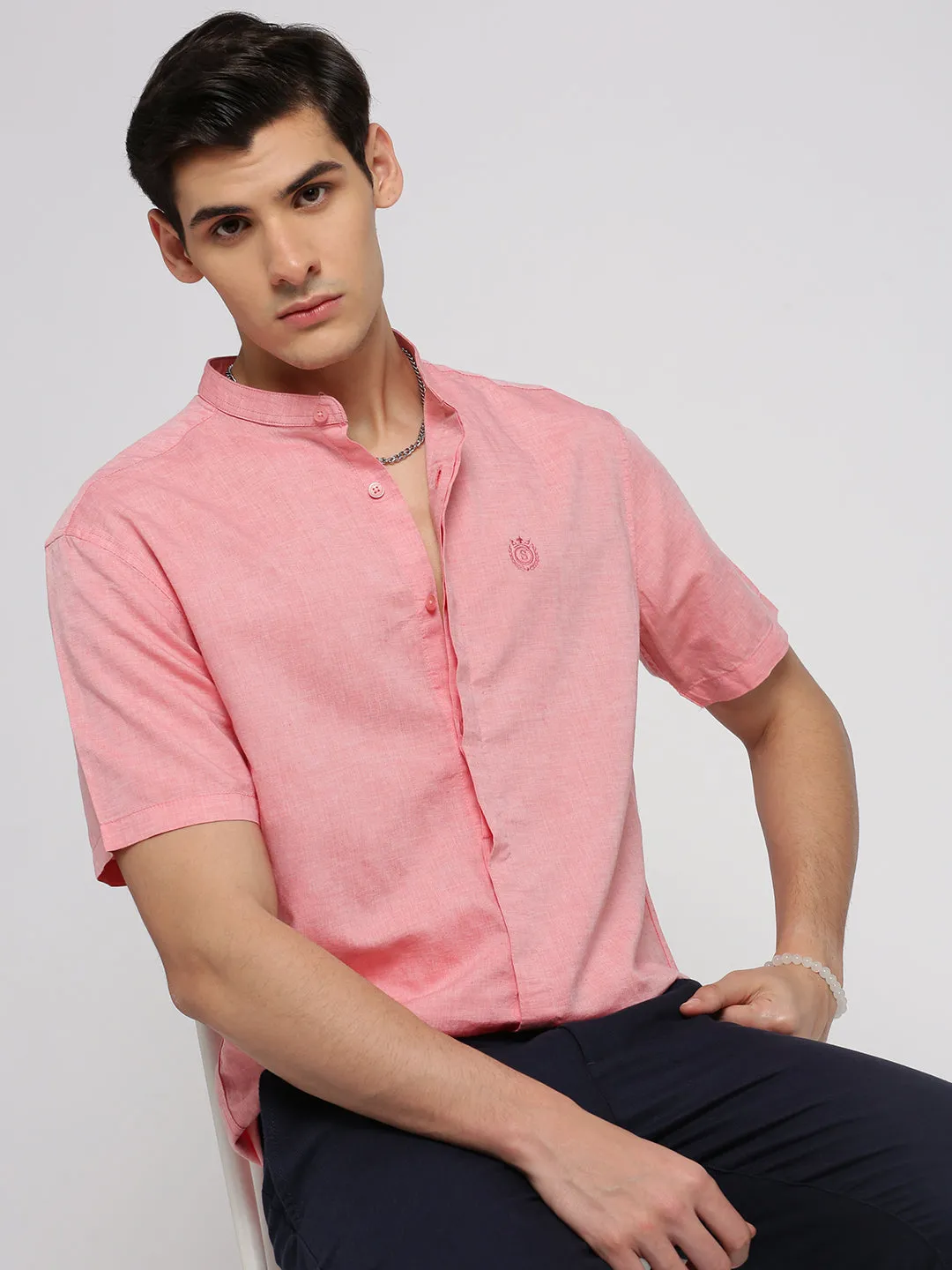 Men Peach Mandarin Collar Solid Shirt