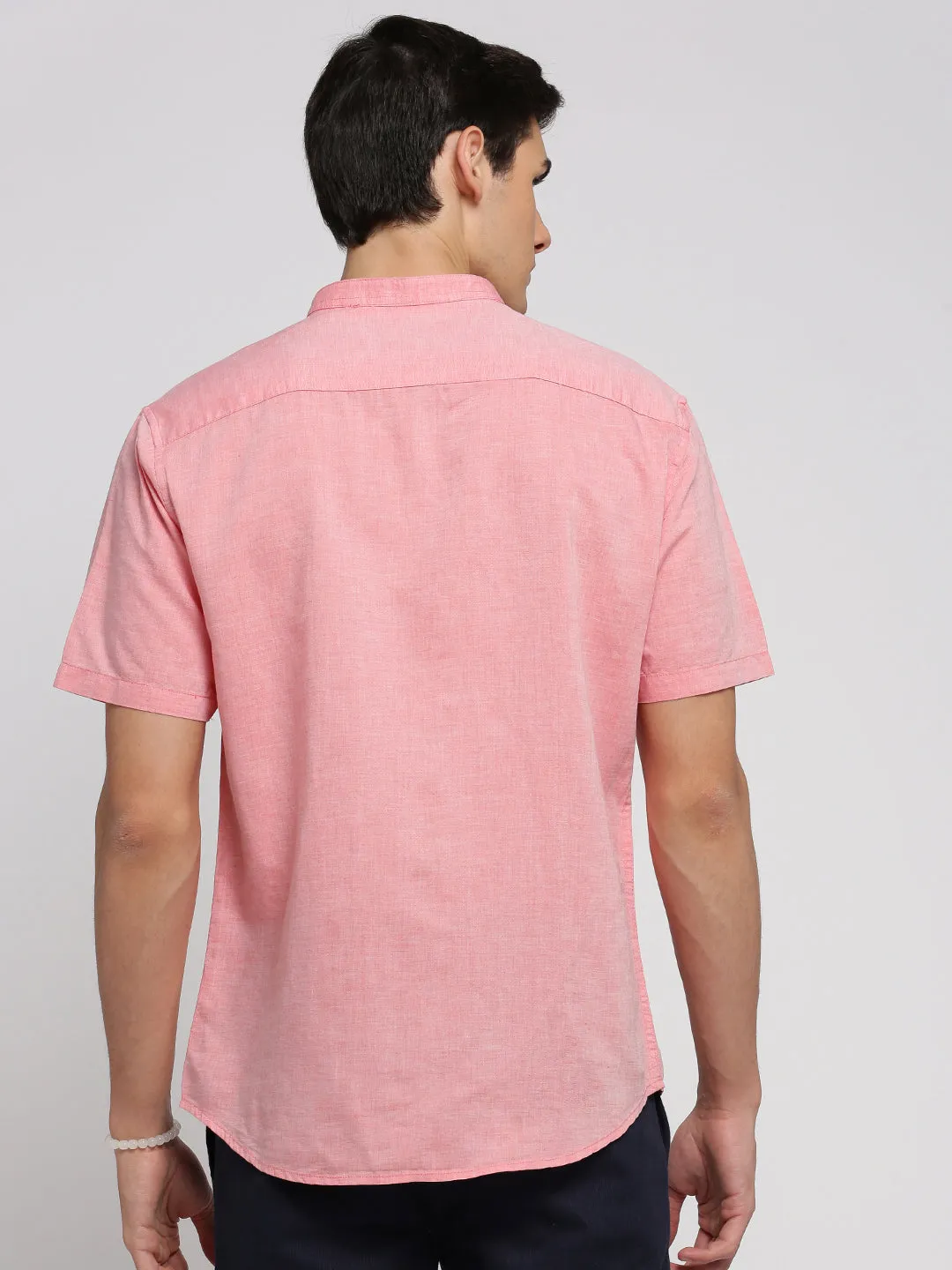 Men Peach Mandarin Collar Solid Shirt