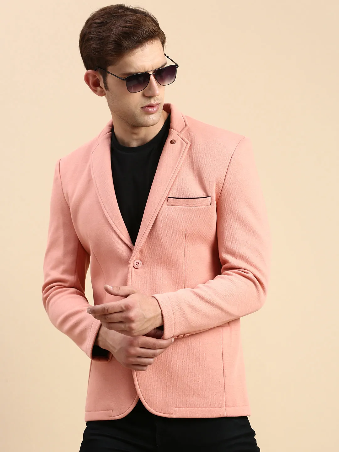 Men Peach Solid Casual Blazer