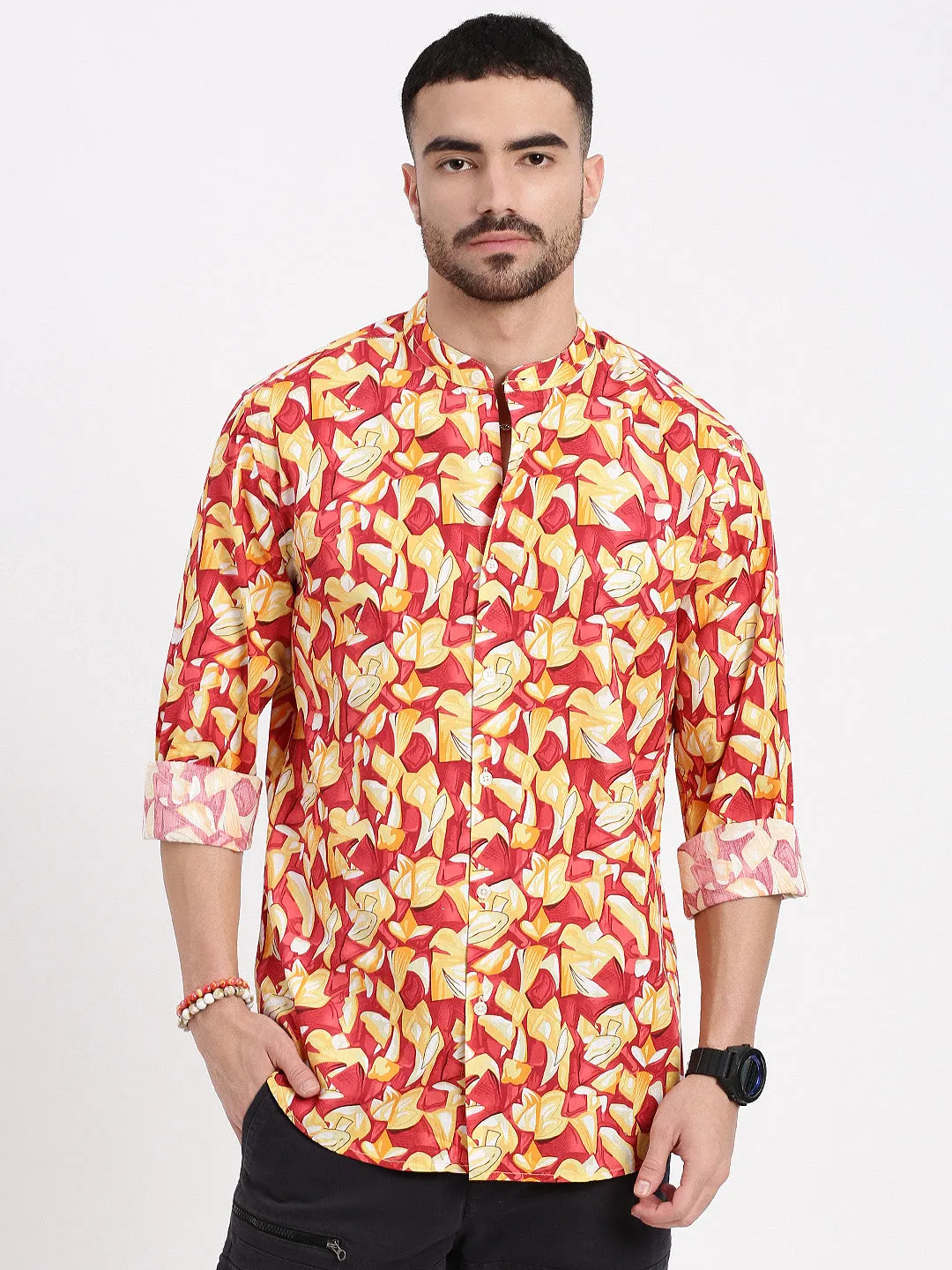 Men Red Printed Slim Fit Shirt