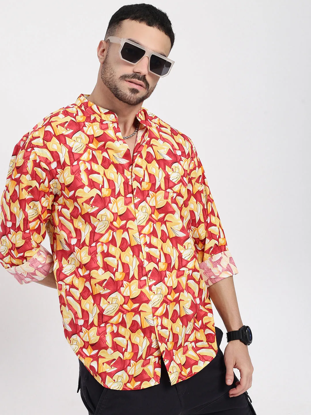 Men Red Printed Slim Fit Shirt