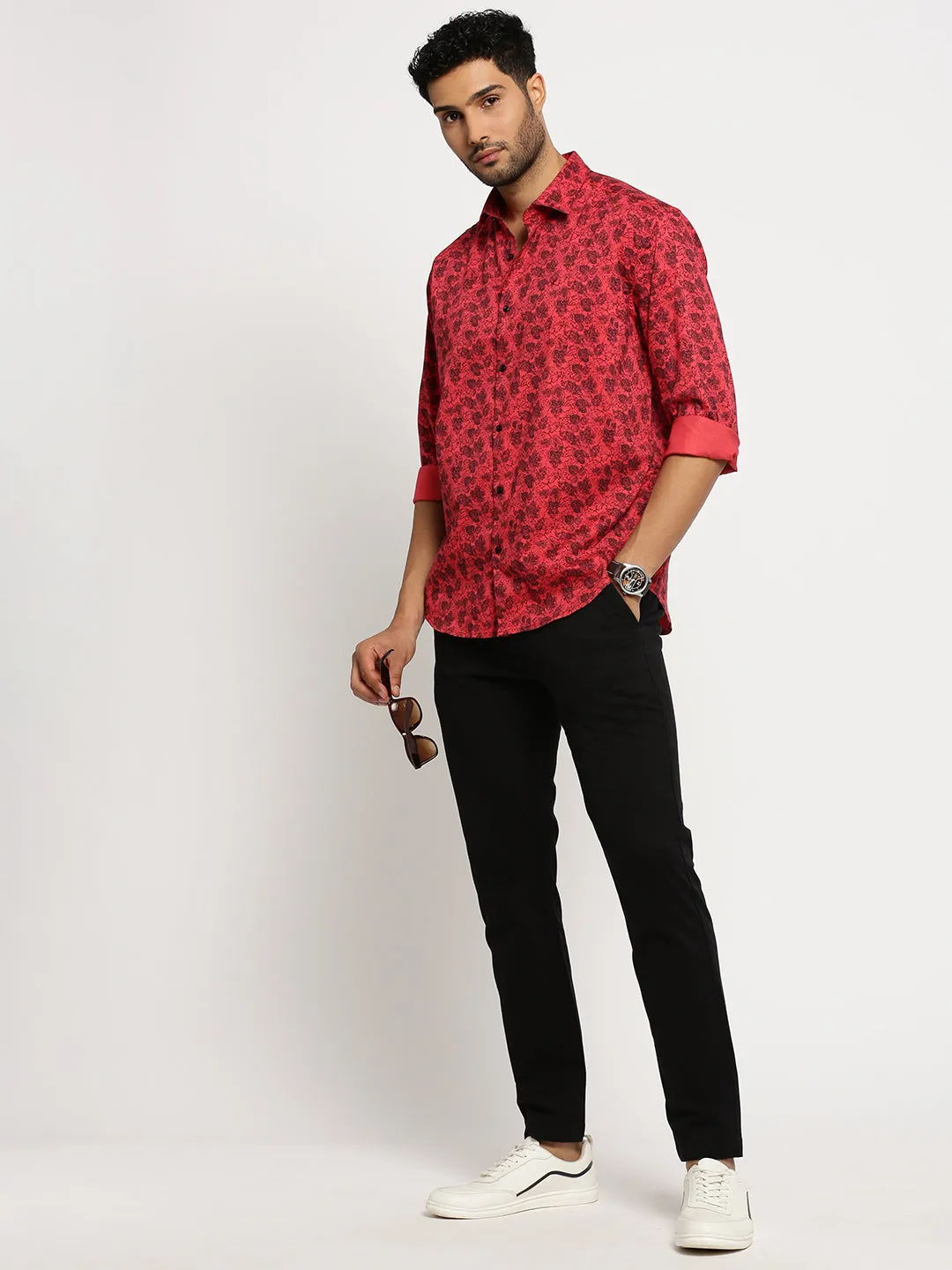 Men Red Spread Collar Floral Shirt