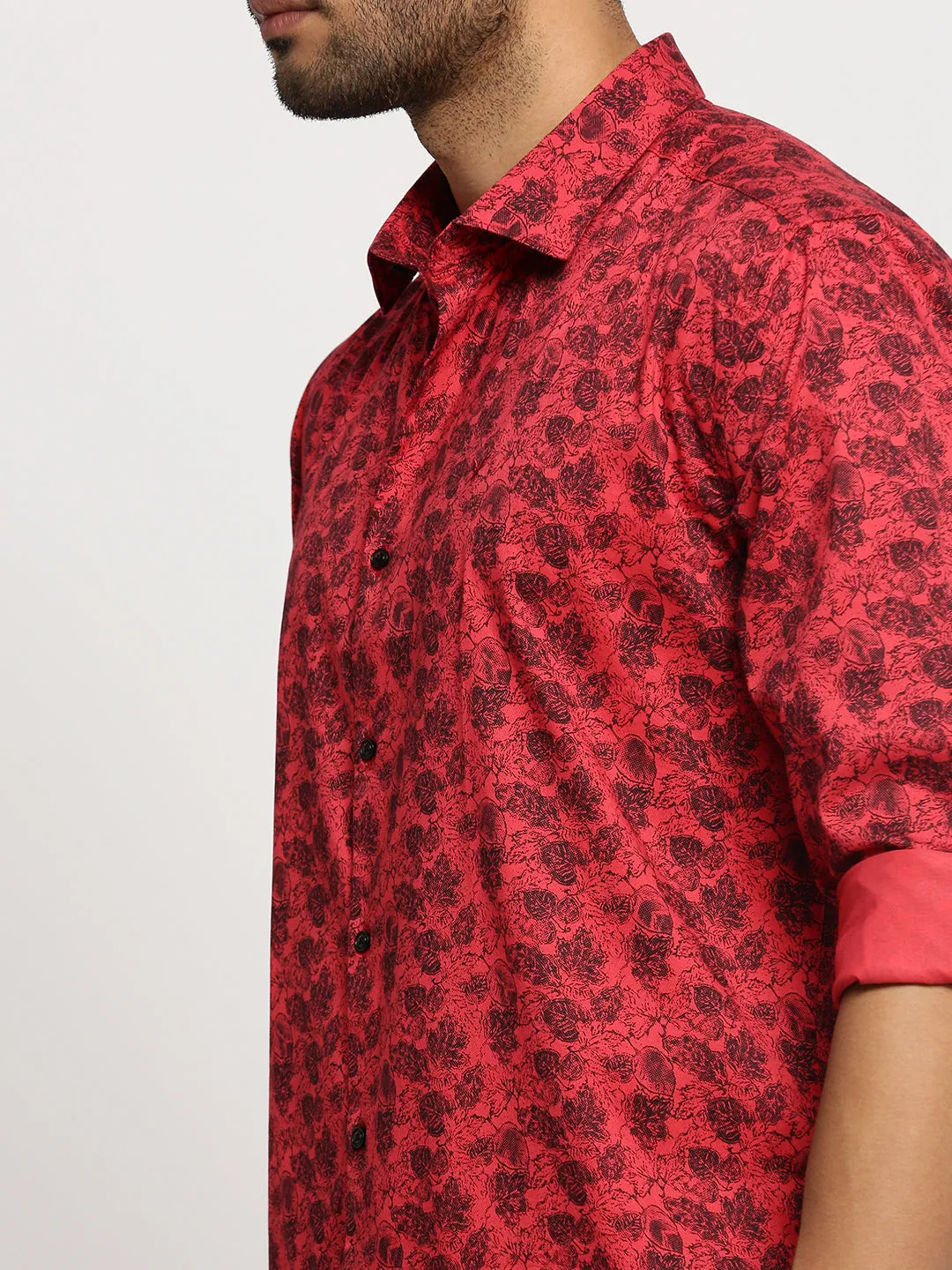 Men Red Spread Collar Floral Shirt