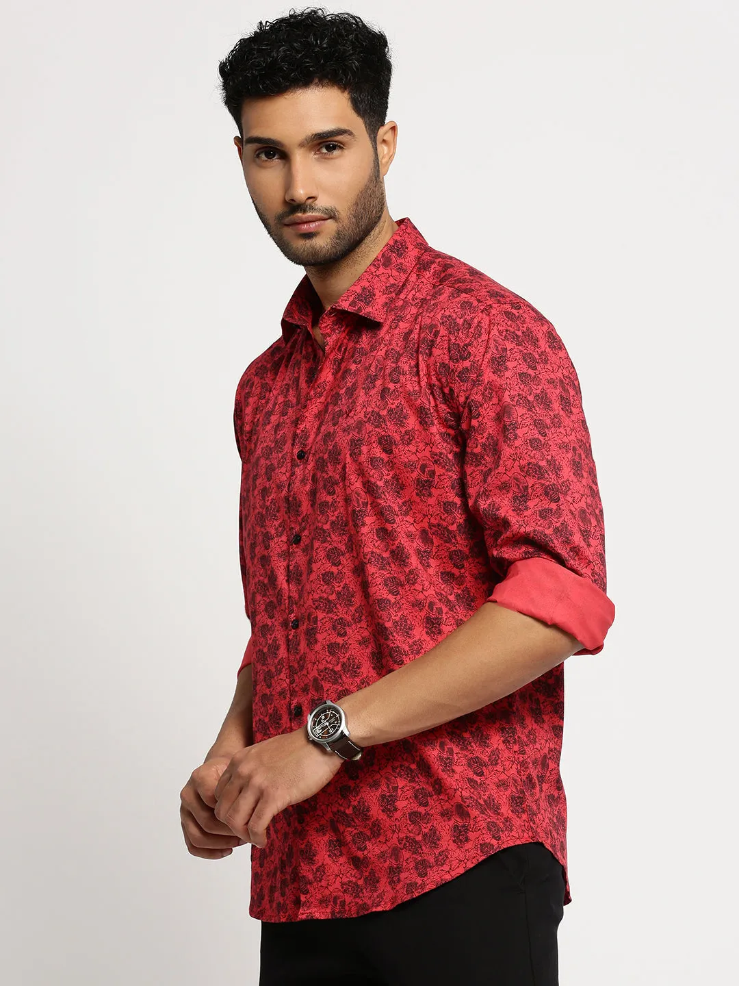 Men Red Spread Collar Floral Shirt