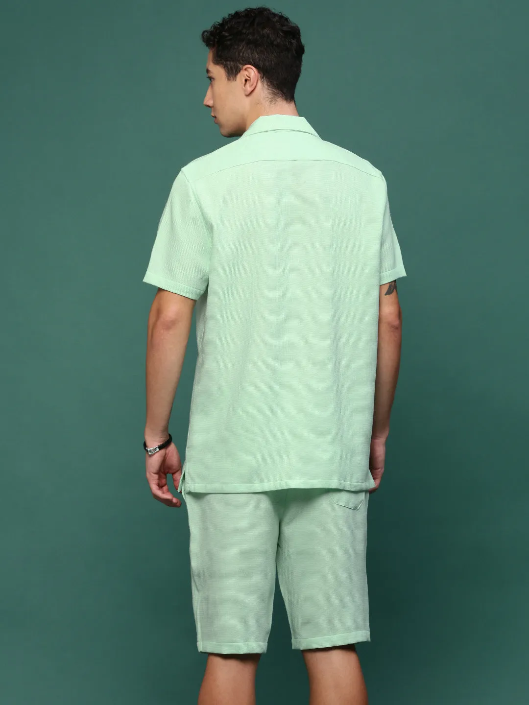 Men Sea Green Cuban Collar Solid Co Ords Set