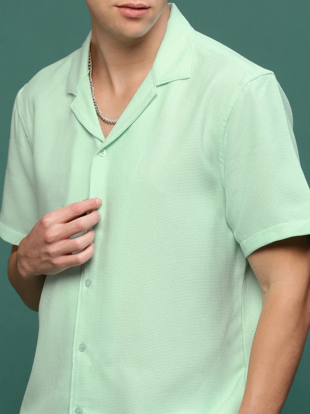 Men Sea Green Cuban Collar Solid Co Ords Set