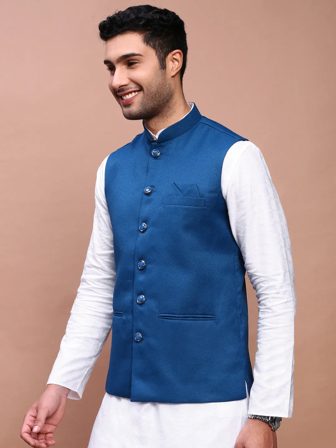 Men Solid Turquoise Blue Slim Fit Nehru Jacket