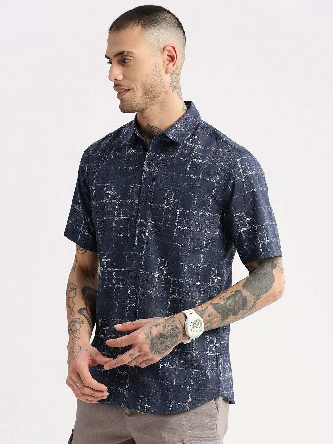 Men Spread Collar Abstract Navy Blue Casual Shirt