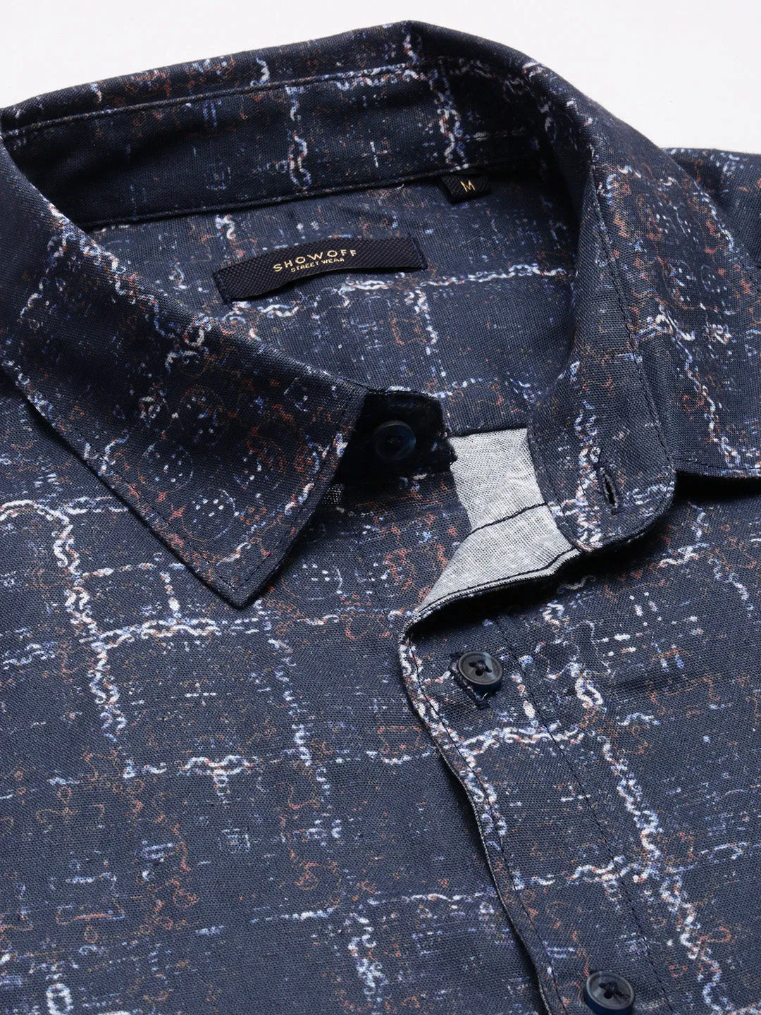 Men Spread Collar Abstract Navy Blue Casual Shirt