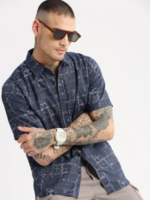 Men Spread Collar Abstract Navy Blue Casual Shirt