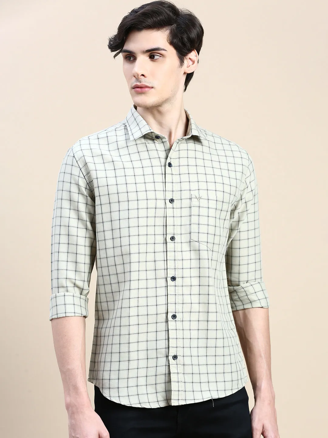 Men Spread Collar Checked Beige Shirt