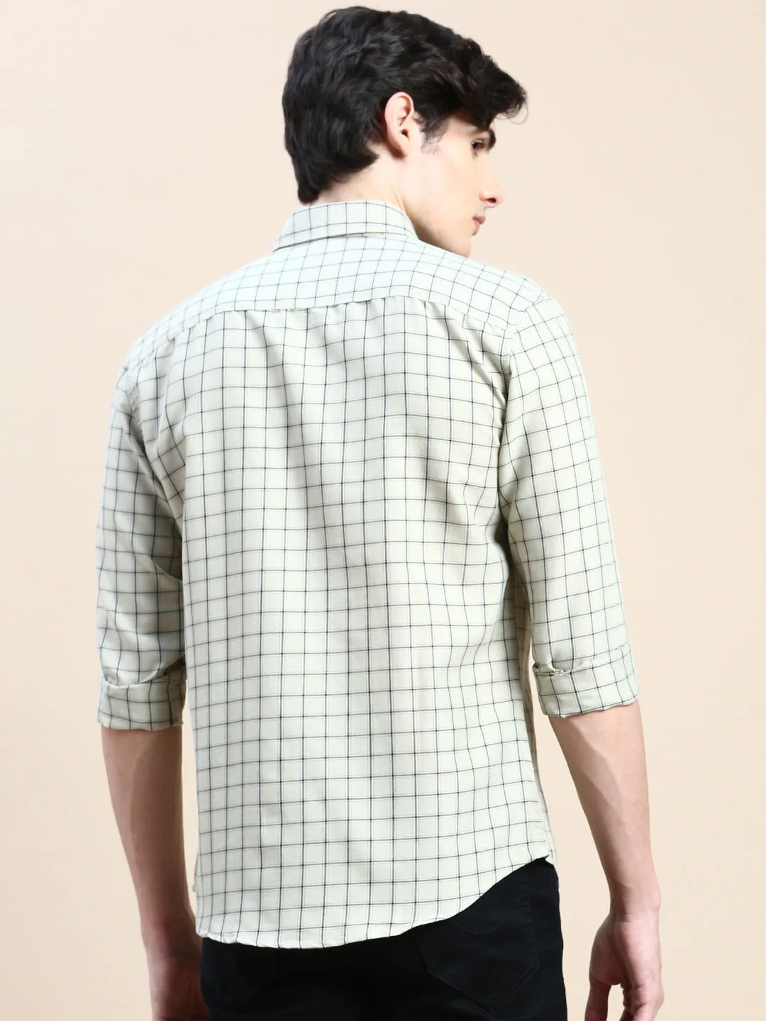 Men Spread Collar Checked Beige Shirt