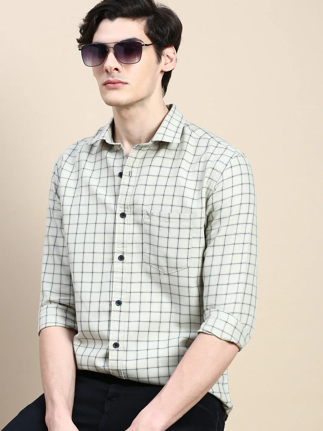 Men Spread Collar Checked Beige Shirt