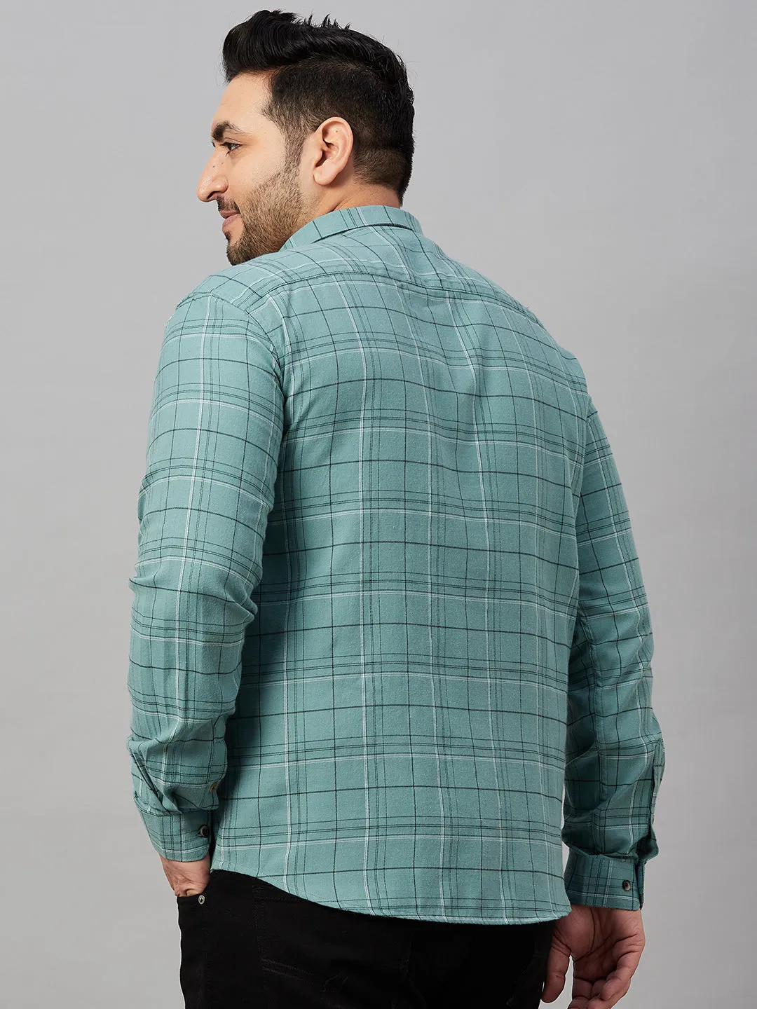 Men Spread Collar Checked Sea Green Shirt