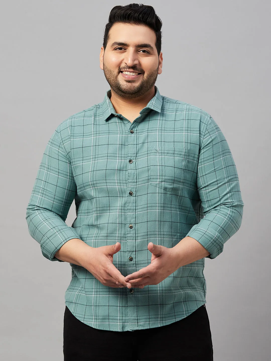 Men Spread Collar Checked Sea Green Shirt