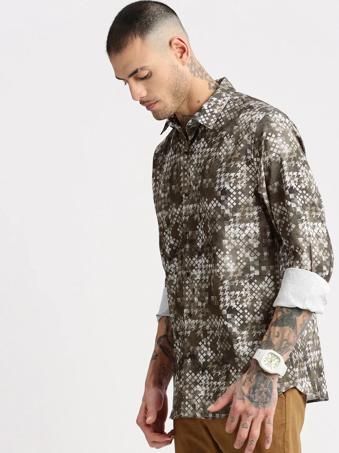 Men Spread Collar  Geometric Olive Casual Shirt