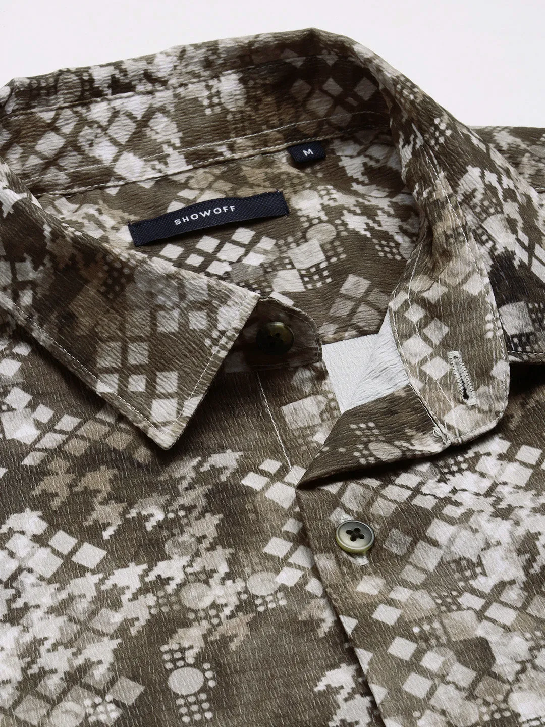 Men Spread Collar  Geometric Olive Casual Shirt