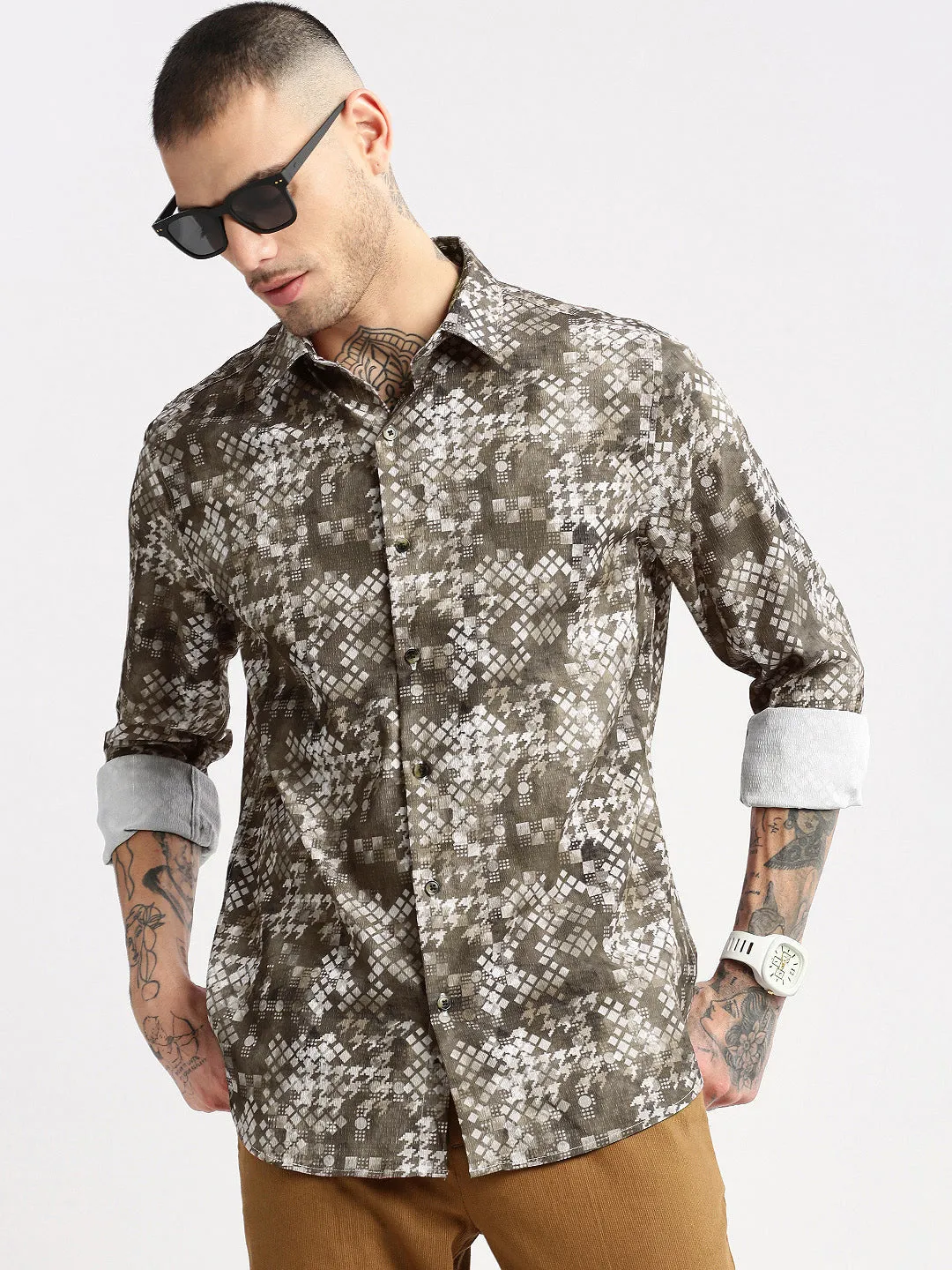 Men Spread Collar  Geometric Olive Casual Shirt